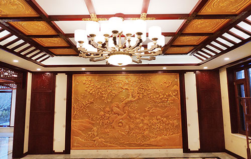 翰林镇中式别墅客厅中式木作横梁吊顶装饰展示